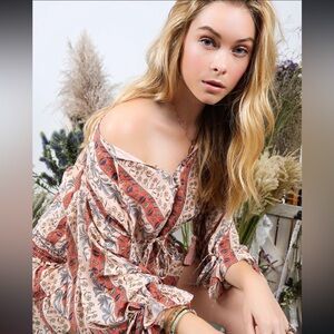 Anthropologie Allison New York Pink Floral Button Front Tassel Tie Blouse Small